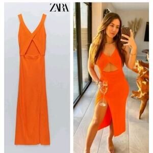 ZARA Knit Midi Dress Cut-Out LIMITED EDITION Tangerine Orange Size MEDIUM